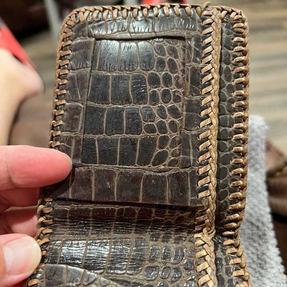 Vintage Alligator Crocodile Leather Bifold Wallet Brown Whipstitch Western Mens